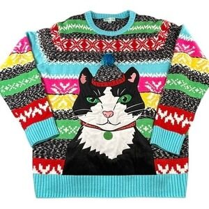 Festive Tuxedo Cat Women's Colorful Ugly Christmas Sweater XL Holiday Pom Pom
